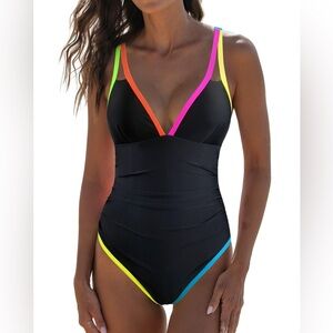 POPVIL One Piece Swimsuit Women’s Size L Neon Plunging Neckline Tie Back Sexy
